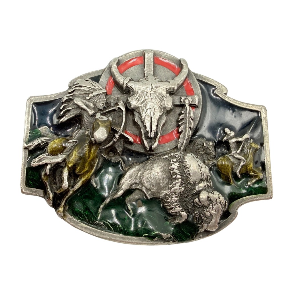 Siskiyou rBelt Buckle Mens Silver Pewter 1988 Buffalo Hunt Native American USA